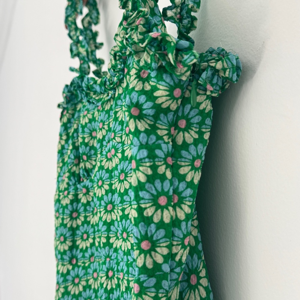 Zara Green Floral Daisy Ruffled Strap Summer Cottagecore Mini Dress S - Picture 5 of 9